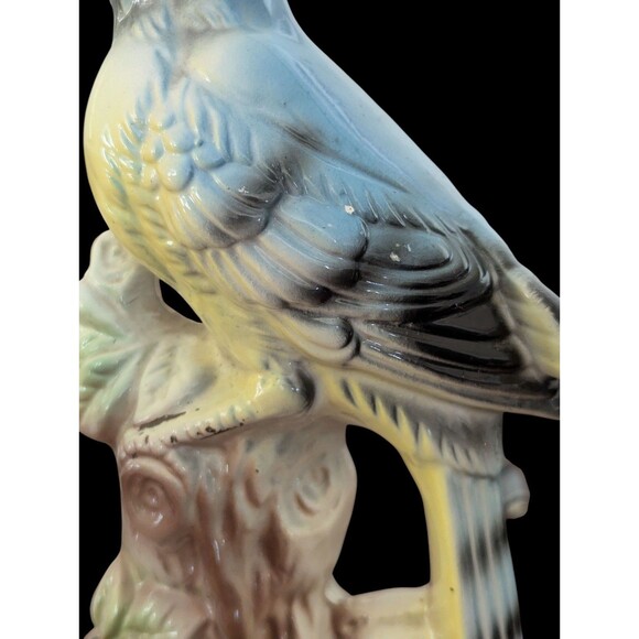 Vintage Porcelain Blue Jay Bird Figurine Japan Stump 10" Tall Leaves Singing - Picture 7 of 12